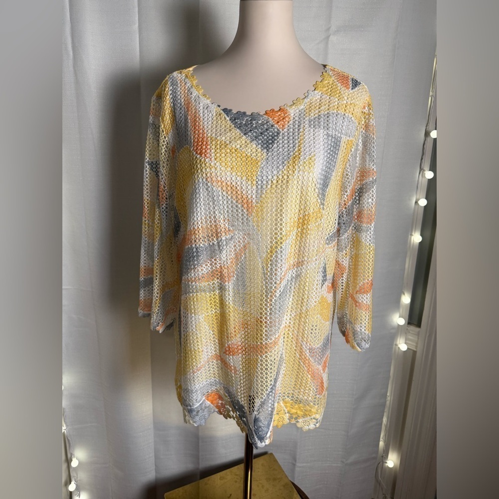 Alfred Dunner Yellow and Blue Graphic 3/4 Sleeve Blouse